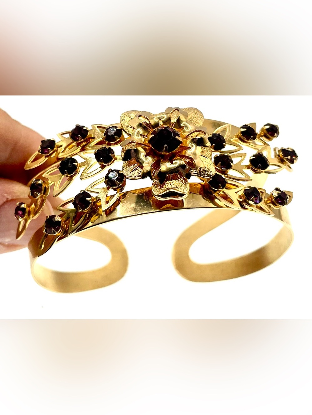 Vintage Gold Tone Floral Cuff Bracelet Amethyst Purple Rhinestones Statement